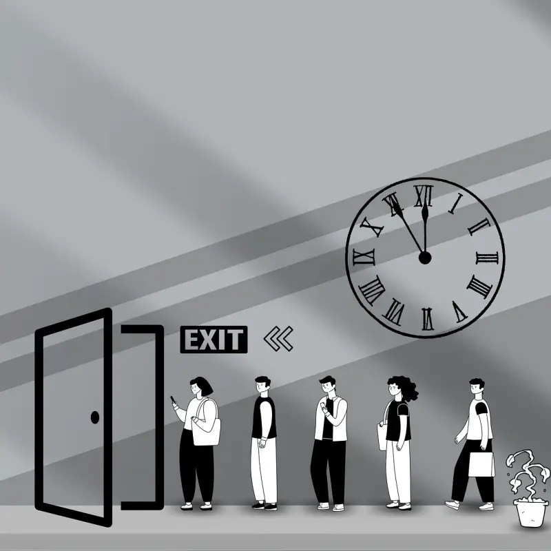큰 시계가 걸린 벽 아래 출구로 나가기 위애 줄 선 사람들을 표현한 일러스트